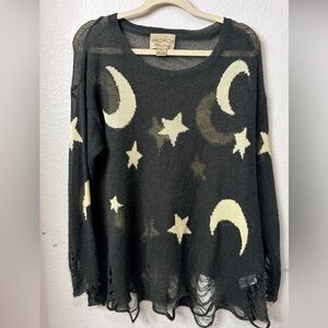Wildfox Celestial Distressed Charcoal Knit Sweater Small EUC